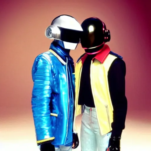 Prompt: Daft Punk with Marty McFly clothes with the Delorean, 80s style