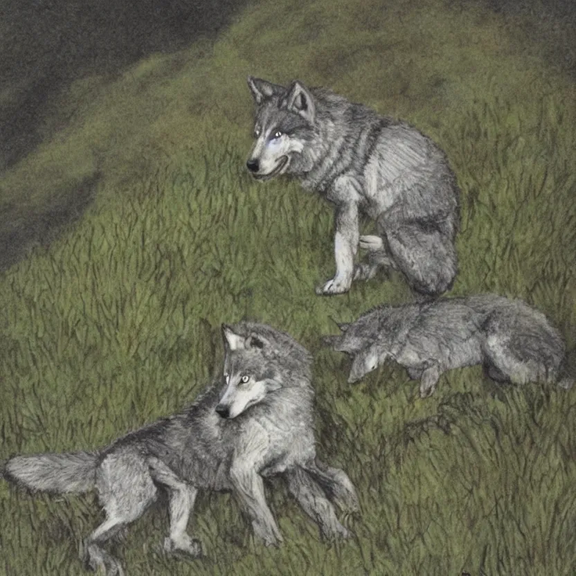 Image similar to a wolf pup on a hill with a lizard illustrated by Don Freeman in the style of Corduroy