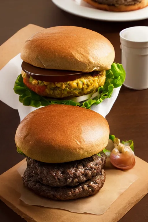 Prompt: quadruple patty hamburger, commercial photography