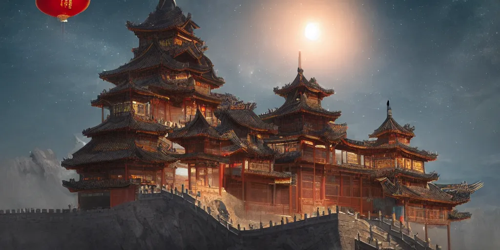 Image similar to a magnificent Chinese castle in the night sky above ocean, sense of awe, breathtaking, extremely detailed, concept art, environment concept, octane render, VFX, trending on artstation, cgsociety, cinematic lighting, intricate details, 4k, post production, hype-realistic