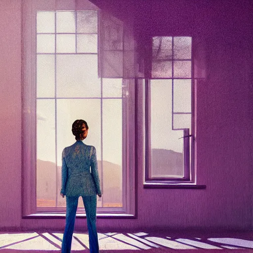 Image similar to giant daisy flower head, woman in suit, standing next to modern window in luxury loft, surreal photography, sunlight, impressionist painting, digital painting, artstation, simon stalenhag