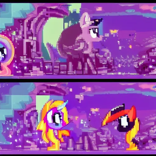 Image similar to climactic cutscene of Queen Twilight Sparkle from My Little Pony as the epic final boss in a fast-paced 1v1 side scroller emotional thrillride #1 indie game on Steam. Mindblowing pixel art, gradient palette, particles, post-processing. Artstation intricate detail.