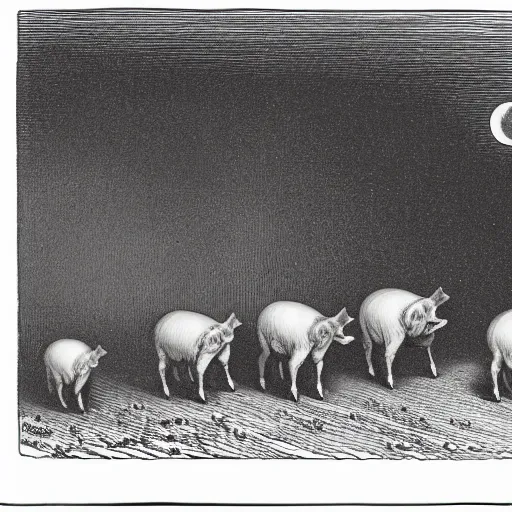 Image similar to pigs in a tuxedo walk out of a barn, dramatic lighting, creepy, farm background, moon, chiaroscuro, high detail, illustration by gustave dore