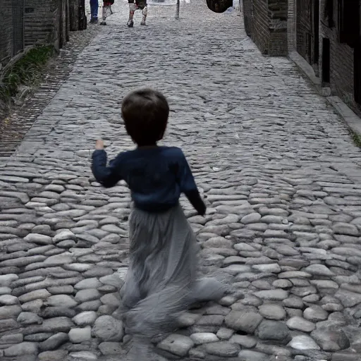 Prompt: spooky image of children playing in cobblestone street while spectral ghosts watch from above