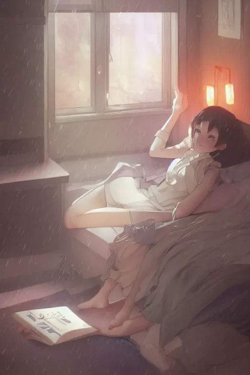 Prompt: a teenage girl with white short hair in a jk uniform outfit in the bedroom reading a book in a night, raining outside the window, grey and orange theme, by krenz cushart and mucha and greg rutkowski and makoto shinkai, detailed eyes, 4 k resolution