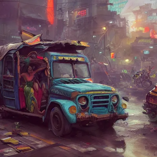 Image similar to an expressive painting of a filipino jeepney driving in the crowded dirty streets of the Philippines , hearthstone coloring style, artwork by greg rutkowski, epic fantasy style art, highly detailed, 8k resolution, hyperrealistic, Maya render