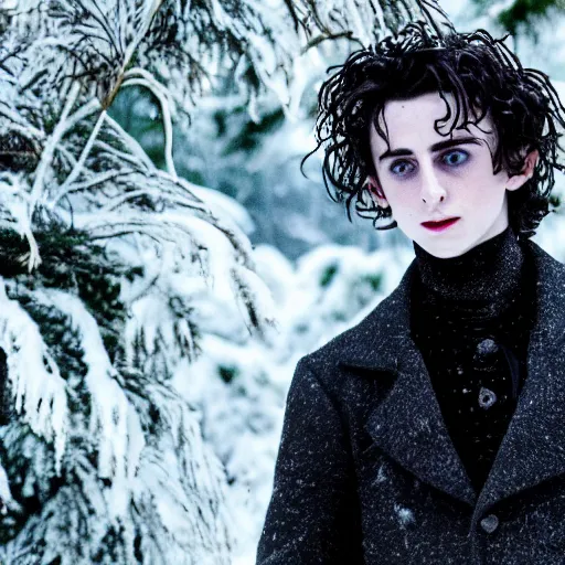 Prompt: high-quality photo of timothée chalamet as Edward scissorhands in a haunting snowy garden