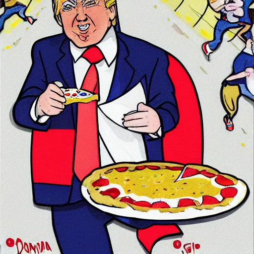 Prompt: Donald Trump running in a marathon while eating a fat slice of pizza, photorealistic