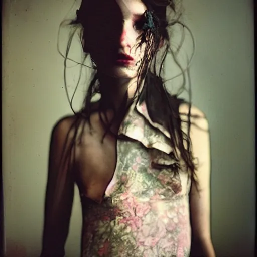 Prompt: kodak portra 4 0 0, wetplate, photo of an artsy model, girl, vogue shooting, weird and unique fashion, photographed by paolo roversi style