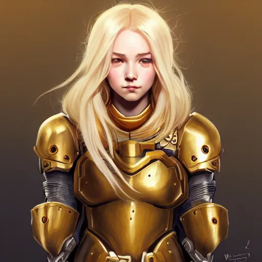 Prompt: Portrait of a girl with blonde hair wearing a heavy knight armor, Overwatch inspired, golden accents, face, fantasy, intricate, elegant, highly detailed, digital painting, artstation, concept art, smooth, sharp focus, illustration, art by Wei Fan and Fernanda Suarez and Artem Demura and alphonse mucha