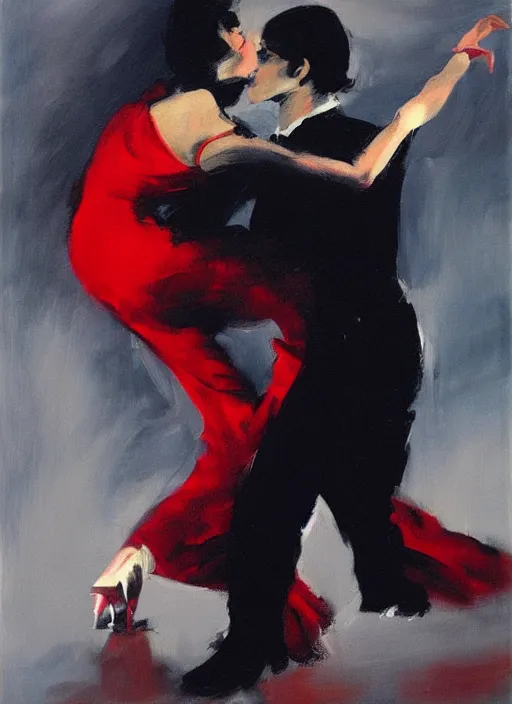 Image similar to tango dancers in red dress and black suit, painting by phil hale, fransico goya,'action lines '!!!, graphic style, visible brushstrokes, motion blur, blurry, visible paint texture, crisp hd image