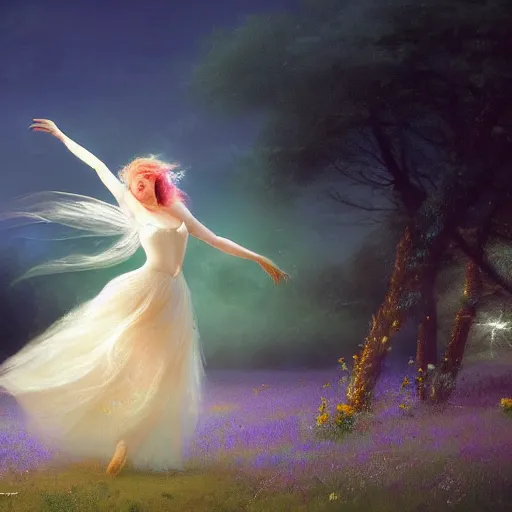 Image similar to the moonlit dance of the fae, dancers in white dancing across a flower meadow the moonlit dance by elena vizerskaya and ivan aivazovsky, perfectly detailed, artstation, sharp focus, highly detailed, studio photography