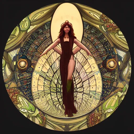 Image similar to “ beautiful extraterrestrial woman goddess standing in a style of Alphonse Mucha, fractals, alien forms, organic, 8k”