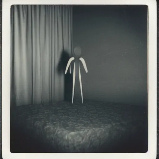 Prompt: polaroid photograph of an alien standing at the end of a bed in a dark room, 1 9 5 0 s