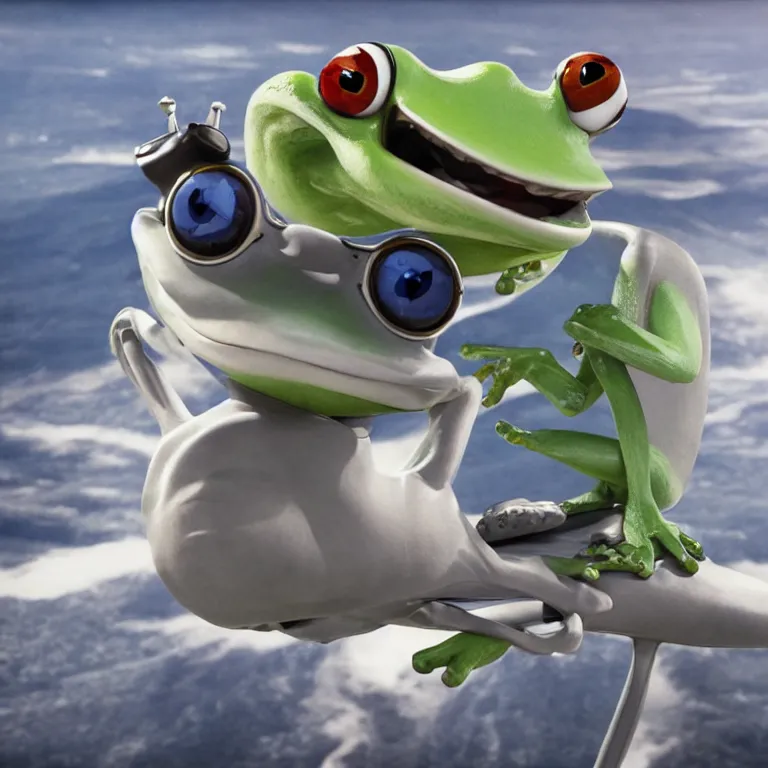 Image similar to award winning portrait of the crazy frog listening to axel f while piloting an F18 air superiority fighter