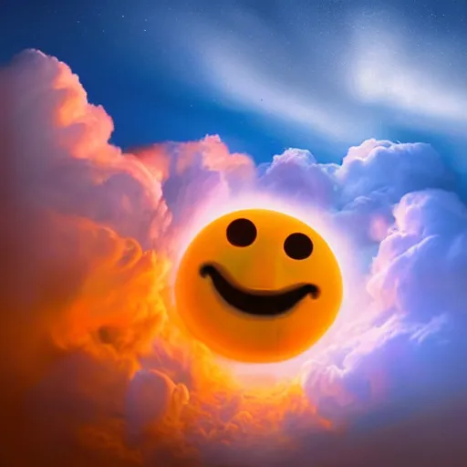 Prompt: fantastical vibrant smiley face shaped cloud with holes for eyes and mouth, in a nature scene by marc adamus, high definition, sunlight bursting out from within the smiley face, cheerful, bouncing, stunning, unforgettable