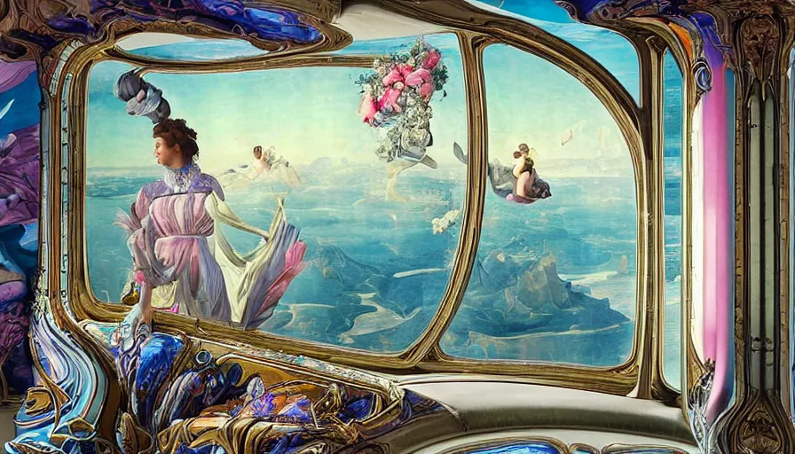 Prompt: a huge standalone hyperrealistic photorealistic hyperdetailed window reflecting a spaceship, seen from the distance. art nouveau rococo in the style of caravaggio and botticelli. unexpected maximalist fabric elements hd 8 x matte background in vibrant vivid pastel colour textures