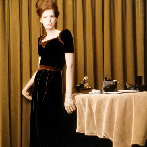 Image similar to Kodachrome long shot photograph of tall pale woman wearing velvet black dress with thin straps with pinned-back brown hair, looking to the side, leaning on a table, holding dress in a bunch. 8k Photograph. TIME Magazine.