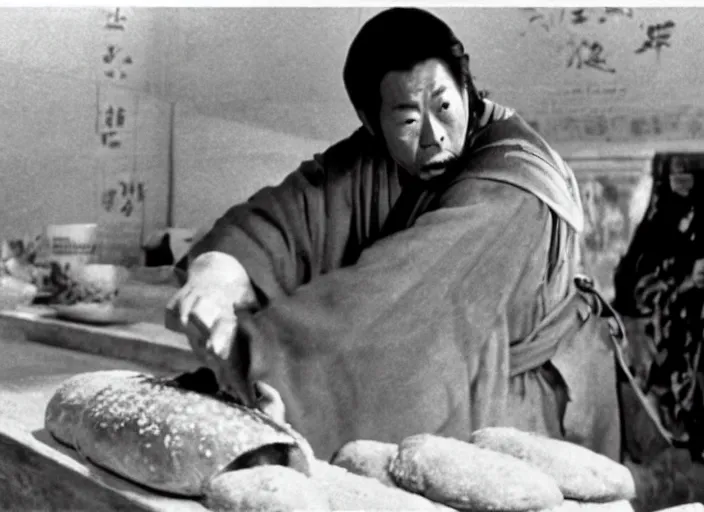 Image similar to a movie still of a samurai slicing through a loaf of bread, a movie by Akira Kurosawa