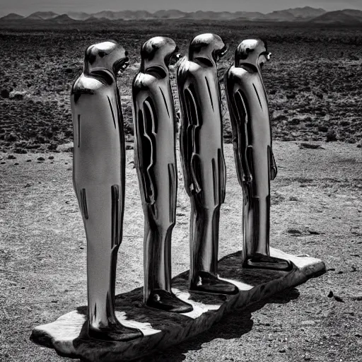 Image similar to Contamporary art fashion photography of ultra mega super hyper realistic detailed group of monkey's in suits, standing around very highly detailed stainless steel monolith situated in the desert. Photo shot on ultra mega super hyper Leica Camera