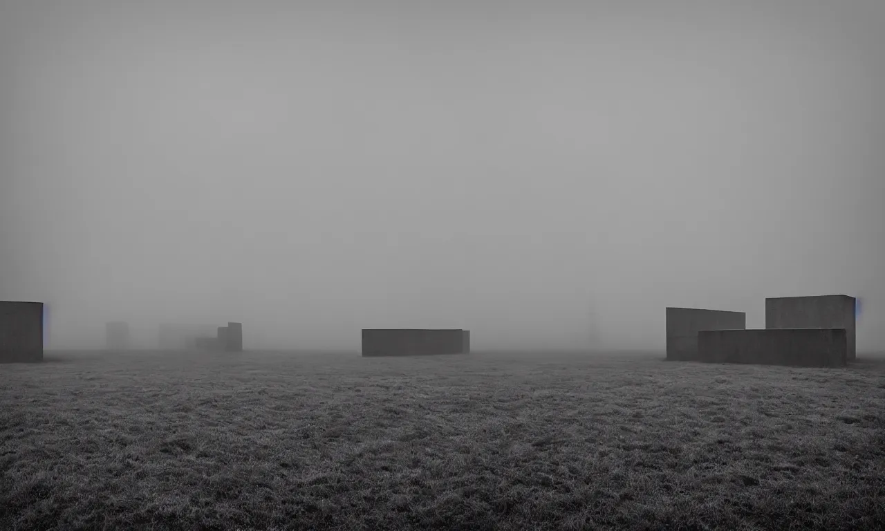 Prompt: high - resolution black and white photograph with a 3 5 mm f / 2 2 lens of brutalist architectural buildings in yogoslavia in the middle of nowhere with fog. c