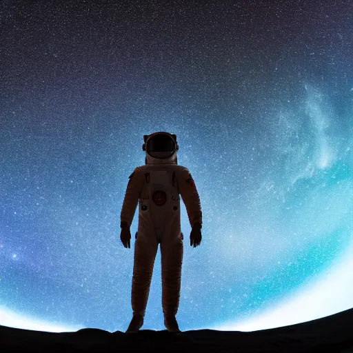 Image similar to astronaut silhouette with arms extended forward, bottom of arms lit by light coming from off camera, light coming from below, starry sky background, lit from below, full body photo,, 8 k