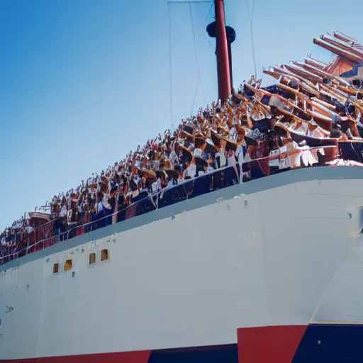 Image similar to photograph of a ship full of graduates, wide shot, sunny day, soft focus