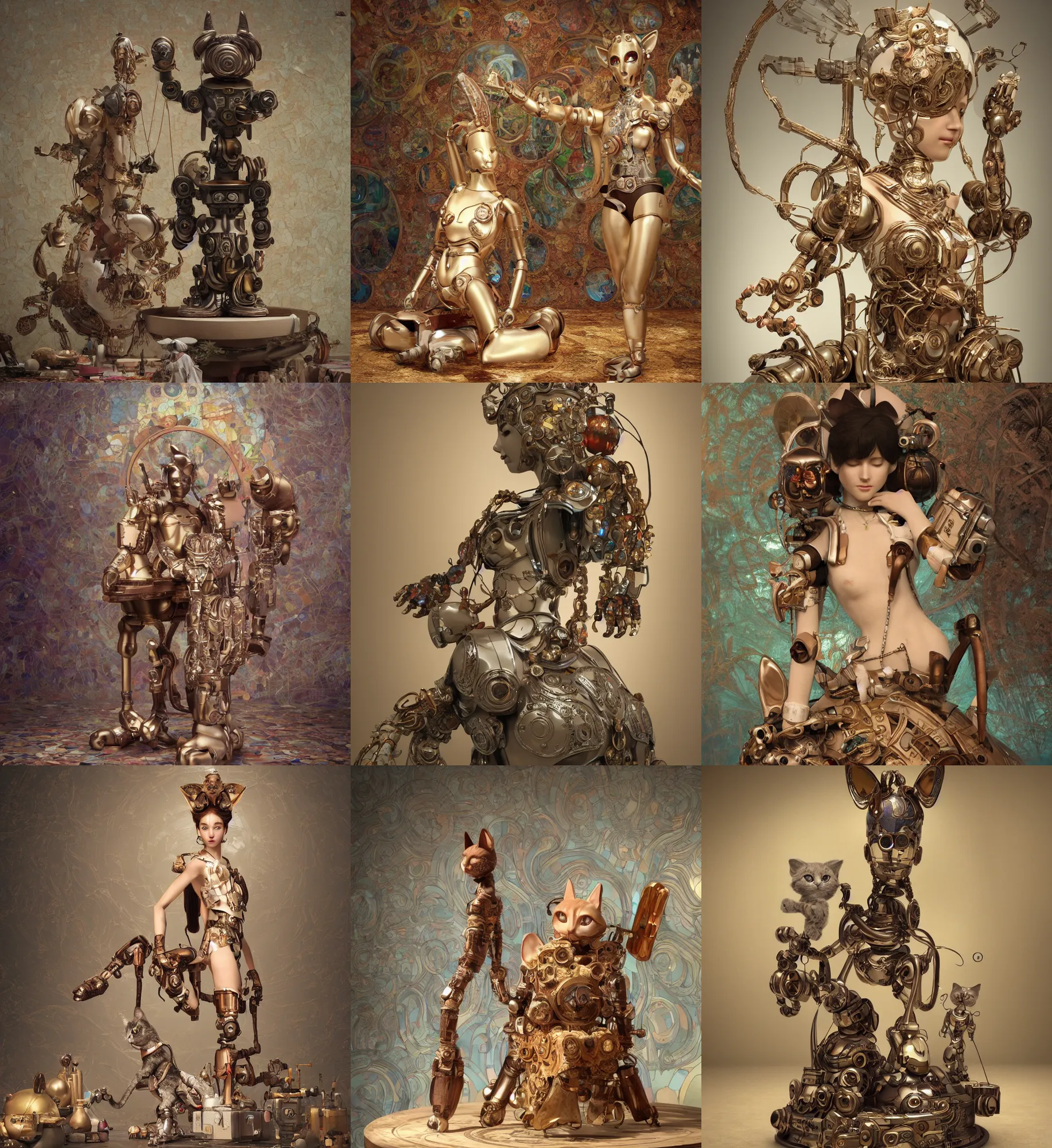 Prompt: 3D octane render ultra 8K photorealistic hyperdetailed unreal engine ,a wooden sculpture,art toys on a pedestal ,a very cute mystical robot of the bohemian with cat’s ears in a zen rebelle heroic pose ,concept art ,trending on cgsociety ,artwork masterpiece , in a contemporary art gallery in neo Paris by Alphonse Mucha