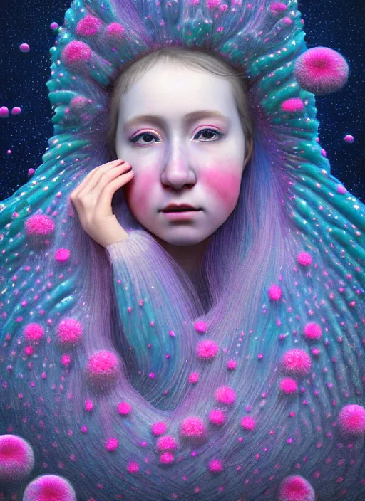 Image similar to hyper detailed 3d render like a Oil painting - kawaii portrait Aurora (Singer) seen Eating of the Strangling network of prussian blue and aerochrome and milky Fruit and Her delicate Hands hold of gossamer polyp blossoms bring iridescent fungal flowers whose spores black the foolish stars by Jacek Yerka, Mariusz Lewandowski, Houdini algorithmic generative render, Abstract brush strokes, Masterpiece, Edward Hopper and James Gilleard, Zdzislaw Beksinski, Mark Ryden, Wolfgang Lettl, hints of Yayoi Kasuma, octane render, 8k