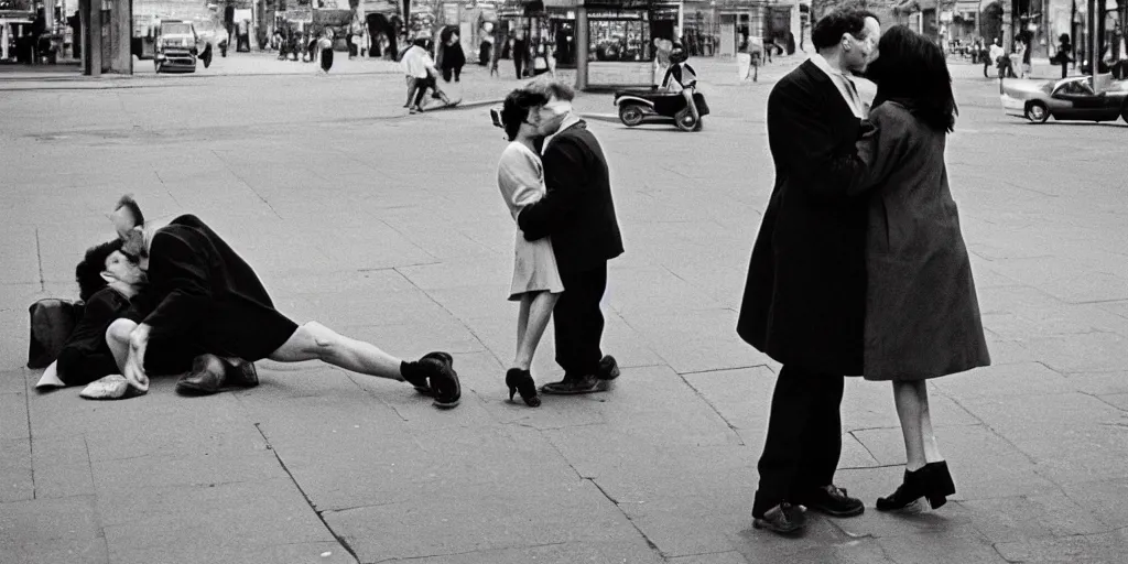 Image similar to street photo, couple of man and woman kiss on the background of the war, film photography, exposed b & w photography, christopher morris photography, bruce davidson photography, peter marlow photography