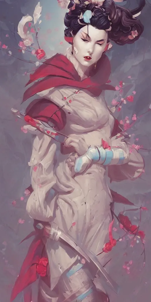 Image similar to beautiful geisha sakura warrior By Peter Mohrbacher, clean, trending on artstation,