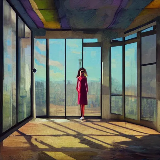 Prompt: giant daisy flower head, woman standing next to modern window in luxury loft, surreal photography, sunlight, impressionist painting, digital painting, artstation, simon stalenhag