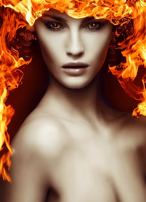 Image similar to fashion portrait with fire, female, future, torch, flame, harper's bazaar, vogue, fashion magazine, intricate, concept art, close up, ornate, luxury, elite, elegant, trending on artstation, by ruan jia, by Kenneth Willardt, by ross tran, by WLOP, by Andrei Riabovitchev,