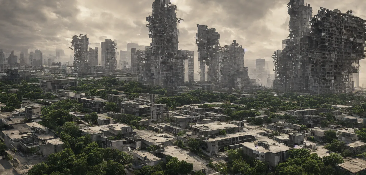Prompt: a cityscape of abandoned buildings, brutalist architecture by Le Corbusier, empty streets, surrounded by lush green vegetation, ground-level view, stunning volumetric lighting, sunset, rusted steel, solid concrete, glass, stunning skies, trending on Artstation, 8k, photorealistic, hyper detailed, unreal engine 5, IMAX quality, cinematic, epic lighting, in the style of DOOM and Quake and Greg Rutkowski