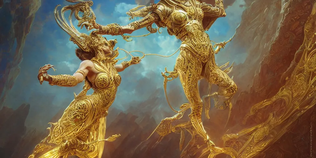 Prompt: playing card of ascending full body goddess , intricate armor, highly detailed, glowing, action pose, cinematic, Art Deco, gold filigree, ethereal, artgerm, alfonso mucha, zdzisław beksiński, Andrei ryabovichev, Peter mohrbacher, 8k