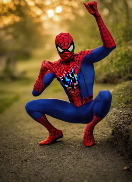 Image similar to photo of spiderman , 35mm, f/1.4, Golden Hour light, ,