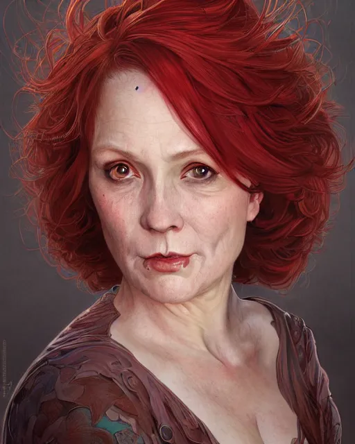 Image similar to portrait of short and plump 5 0 - year - old woman with red hair and a kind face, wearing dress, hyper realistic face, beautiful eyes, close up, fantasy art, in the style of greg rutkowski, intricate, alphonse mucha, hyper detailed, smooth