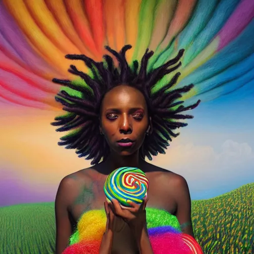 Image similar to a wide angle shot of a black girl with colorful dreadlocks in a field of candy, by Adi granov and afarin sajedi and amanda sage and evgeni gordiets and Agostino Arrivabene and adonna khare in a psychedelic portrait style, ultrarealistic matte painting, volumetric lighting, fractal, extremely symmetrical, highly detailed face, orisha, 8k, hd