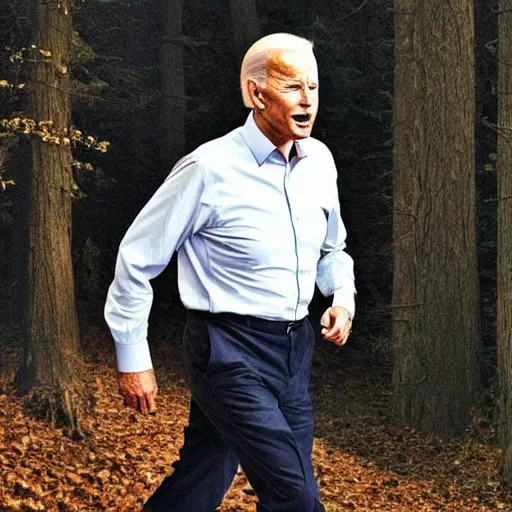 Prompt: Joe Biden with glowing red eyes is in the Baba Yaha house chasing down terrified peasants in a dark and spooky forest