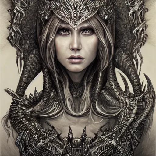 Image similar to hyper realistic pencil drawing of a eldritch queen, intricate detail, beautiful, battle armor, war, fight, light, dragon, colorful by anna dittmann-C 6