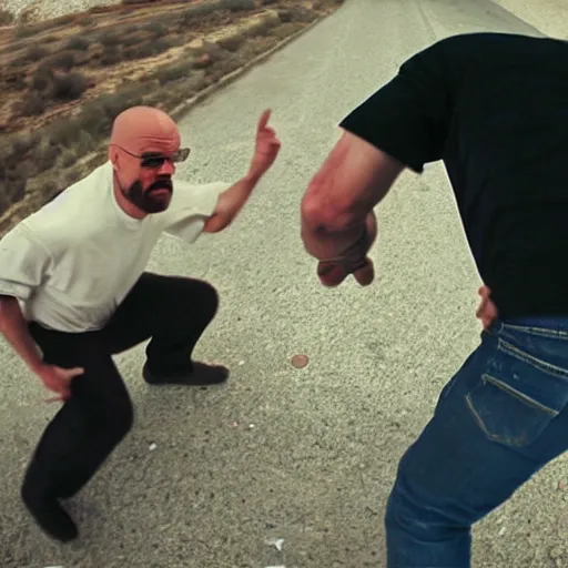 Prompt: pov of a man fighting walter white, first person view, realistic, street fight