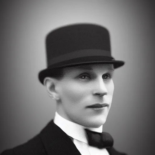 Image similar to A photograph portrait of Jerma985 wearing a bowler hat in the early 1920s, taken in the early 1920s, grainy, taken on a early 1900s Kodak Camera, realistic, hyperrealistic, very realistic, highly detailed, very detailed, extremely detailed, detailed, digital art, trending on artstation