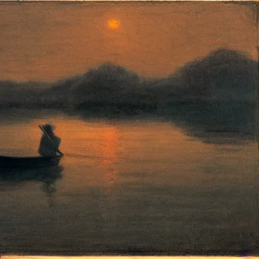 Prompt: silhouette of an old man fishing from a tiny boat at dawn, tonalism