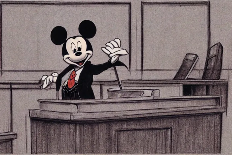 Image similar to detailed background courtroom sketch of vintage disney character mickey mouse presenting evidence of copyright infringement to the judge bench court room wooden serious dark tone