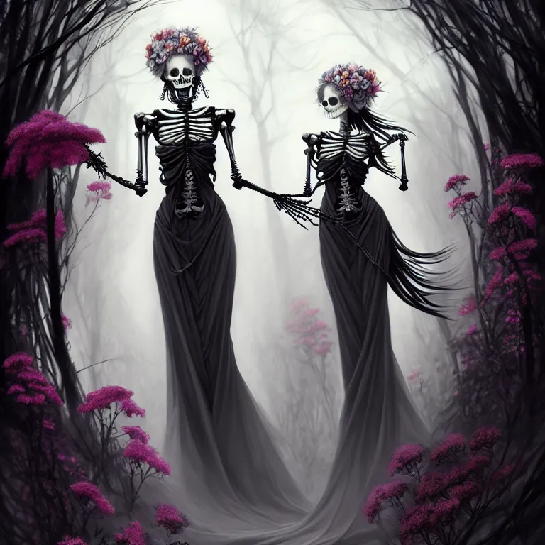 Prompt: stunning anime goddess hybrid skeleton of the floral river flowers, beautiful gothic dress in a dark romance, misty, by cgsociety, in the style of charlie bowater, tom bagshaw, intricate, beautiful, artstation 8 k, high resolutionsparkling atom fractals of jewls cords, by alex grey and hr giger