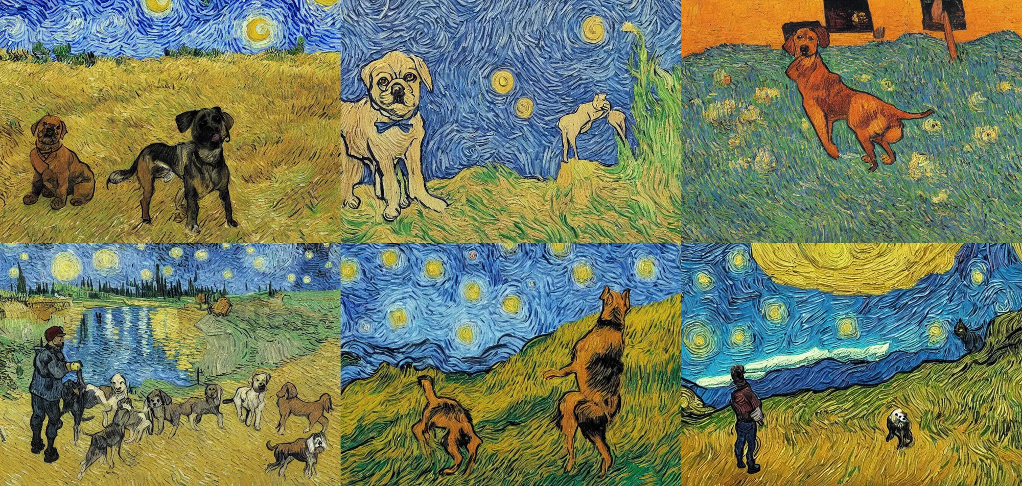 Prompt: an artist dog painting a landscape in the style of Van Gogh