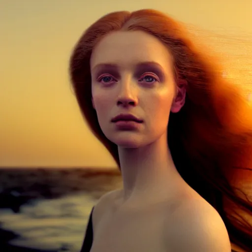 Prompt: photographic portrait of a stunningly beautiful english renaissance female in soft dreamy light at sunset, beside the sea, soft focus, contemporary fashion shoot, in a denis villeneuve and tim burton movie, by edward robert hughes, annie leibovitz and steve mccurry, david lazar, jimmy nelsson, extremely detailed, breathtaking, hyperrealistic, perfect face, octane render