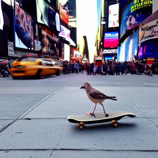 Prompt: a bird on a skateboard in times square