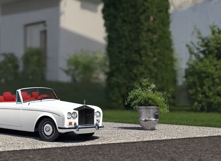 Image similar to a small miniature of a Rolls Royce Corniche Cabrio on a white table near a vase with a plant, 3d render, octane render, unreal engine 5, path tracing, serene landscape, calm, relaxing, beautiful landscape, highly detailed, high quality, 4k, symmetrical, low contrast