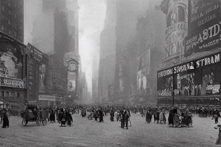 Prompt: 1880s new York city times square, with an open portal to the future new York same street, extremely realistic, 8k, matte painting